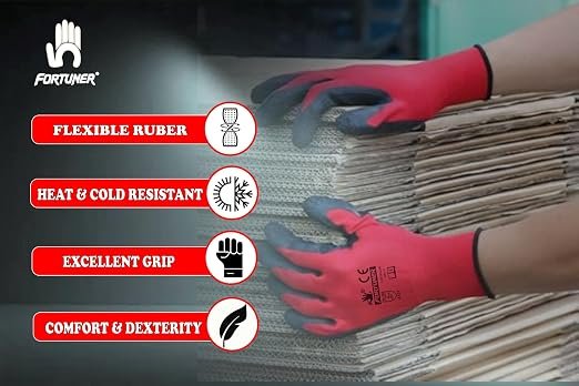 217 Fortuner Latex Coated Black Red Safety Gloves |