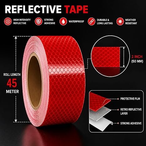 Reflective Tape 2 Inch x 45 Meter – High Visibility Retro Reflective Tape for Truck, Trailer, Vehicle Safety & Road Marking (Red) |