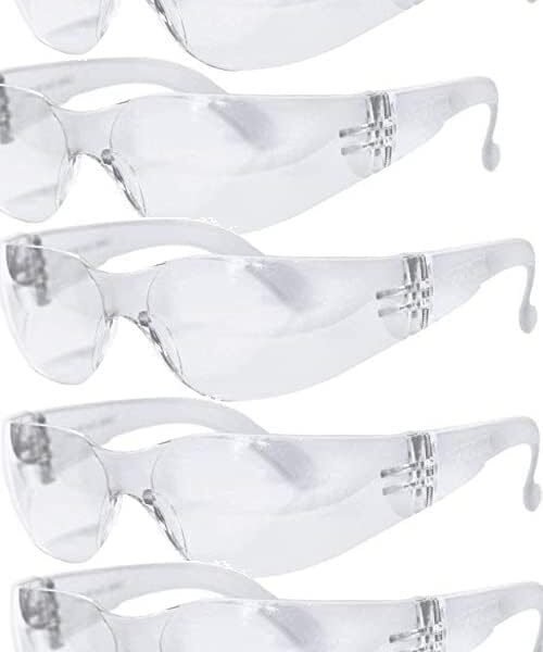 Safety Glasses with Clear White Type Anti Fog Scratch Resistant Wrap-Around Lenses and No-Slip Grips, UV Protection. Adjustable, White Frames- Pack of 5