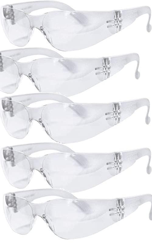Safety Glasses with Clear White Type Anti Fog Scratch Resistant Wrap-Around Lenses and No-Slip Grips, UV Protection. Adjustable, White Frames- Pack of 5
