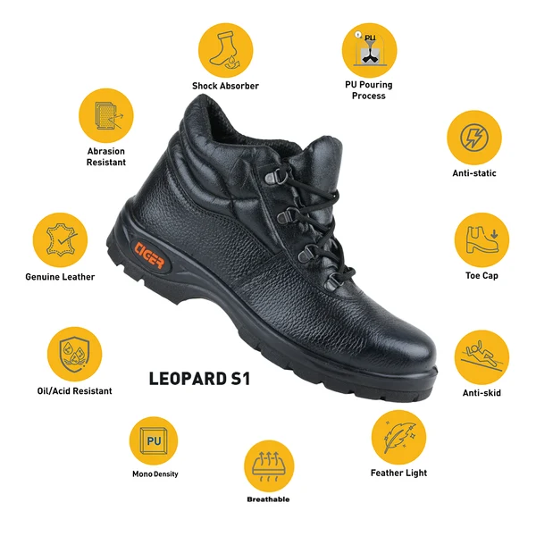 Tiger Leopard S1 EN Certified High Ankle Safety Shoes | Steel Toe PU Sole I Anti-Slip Industrial Work Boot