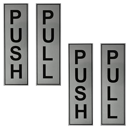 Buzz Cool Silver Metal Push Pull Sign Board For Offie and Shop Glass and Wooden | Self Adhesive Stainless Steel Metal Sticker for Door | Push and Pull Sticker for Hospital Malls Office 2 Set Pack