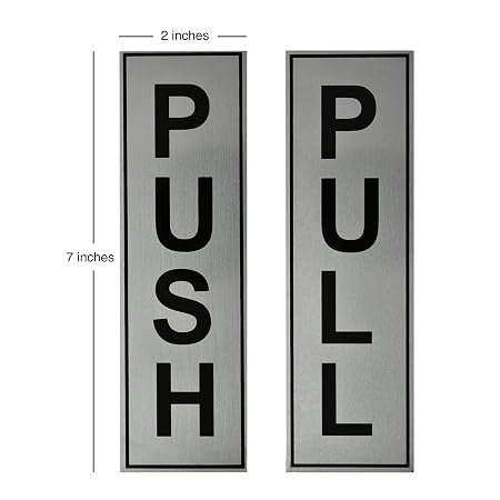 Buzz Cool Silver Metal Push Pull Sign Board For Offie and Shop Glass and Wooden | Self Adhesive Stainless Steel Metal Sticker for Door | Push and Pull Sticker for Hospital Malls Office 2 Set Pack