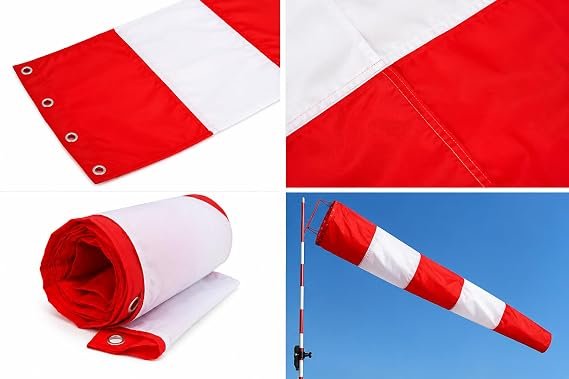 Red White Windsock for Wind Direction | Heavy Duty Polyester Fabric with Brass Eyelets | Industrial, Airport & Safety Use