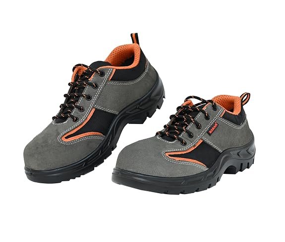 Karam FS69 Grey and Black Suede Leather Safety Shoes for Men |Single Density with Steel Toe | Antistatic, Antislip, Oil & Heat Resistant
