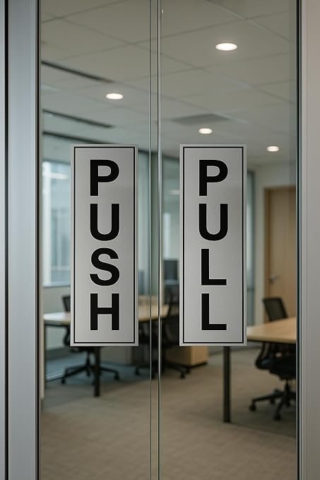 103 Buzz Cool Silver Metal Push Pull Sign Board For Offie and Shop Glass and Wooden | Self Adhesive Stainless Steel Metal Sticker for Door | Push and Pull Sticker for Hospital Malls Office 2 Set Pack