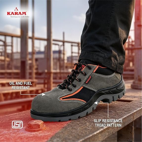 Karam FS69 Grey and Black Suede Leather Safety Shoes for Men |Single Density with Steel Toe | Antistatic, Antislip, Oil & Heat Resistant
