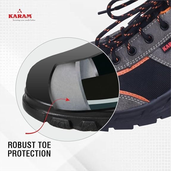 Karam FS69 Grey and Black Suede Leather Safety Shoes for Men |Single Density with Steel Toe | Antistatic, Antislip, Oil & Heat Resistant