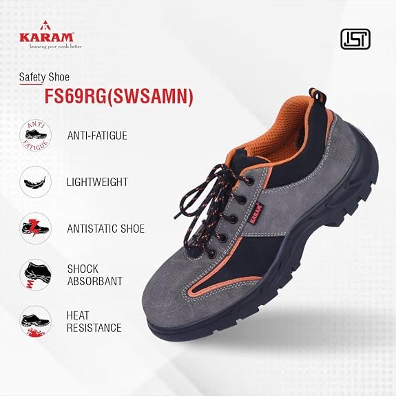 Karam FS69 Grey and Black Suede Leather Safety Shoes for Men |Single Density with Steel Toe | Antistatic, Antislip, Oil & Heat Resistant