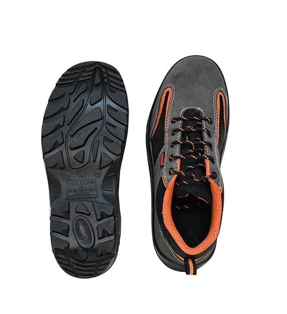 Karam FS69 Grey and Black Suede Leather Safety Shoes for Men |Single Density with Steel Toe | Antistatic, Antislip, Oil & Heat Resistant