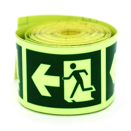 Glow Night Tape - Left Arrow Running Man Symbol - Clear Direction of Emergency - Use for Fire Exit -50mm x 10 mtr