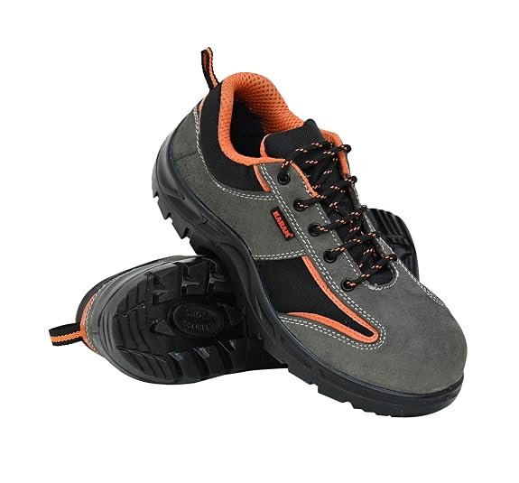 Karam FS69 Grey and Black Suede Leather Safety Shoes for Men |Single Density with Steel Toe | Antistatic, Antislip, Oil & Heat Resistant