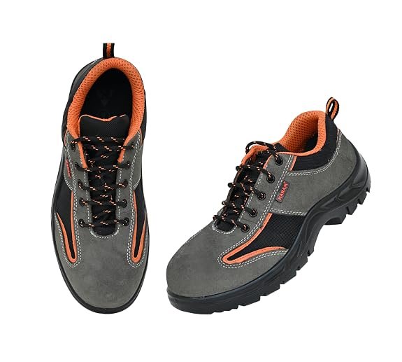 Karam FS69 Grey and Black Suede Leather Safety Shoes for Men |Single Density with Steel Toe | Antistatic, Antislip, Oil & Heat Resistant