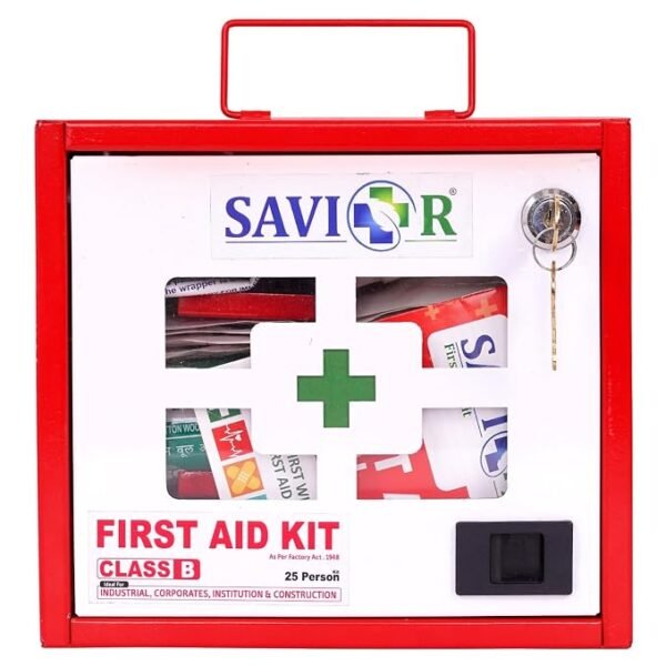 SAVIOR First Aid Kit-CLASS B, First Aid Box/Emergency Medical Kit Box for Medicine Storage/Multi Compartment First Aid Kit Box for Home, School, Office with Key Lock - Metal (Red & Ivory)