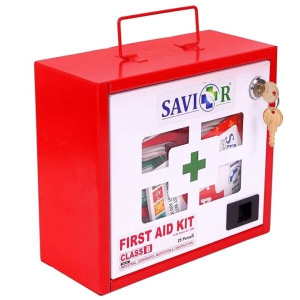 SAVIOR First Aid Kit-CLASS B, First Aid Box/Emergency Medical Kit Box for Medicine Storage/Multi Compartment First Aid Kit Box for Home, School, Office with Key Lock - Metal (Red & Ivory)