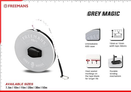 FREEMANS FM15 Grey Magic Fibreglass Measuring Tape - 15m/50ft With Unbreakable ABS Case | Durable Winding Mechanism Handle and Steel End Hook | Grey Color |