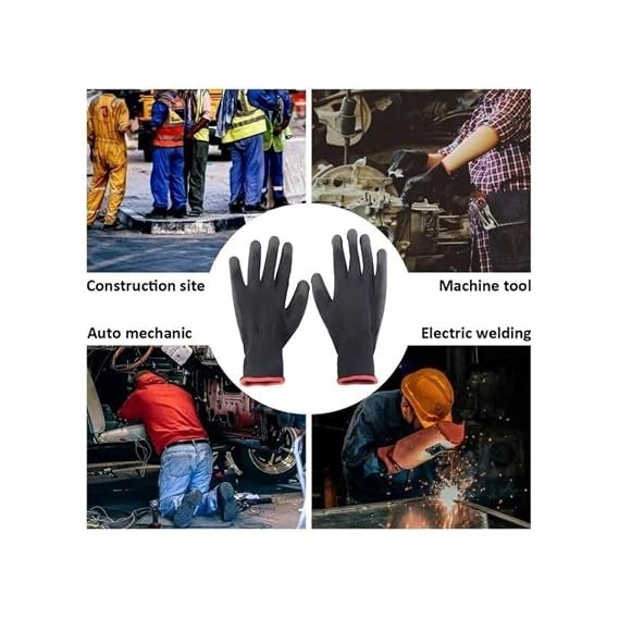 Nylon Heavy Duty Work Gloves, Coated Gloves, Industrial and Home use, Multipurpose. (Black-Black, PU Coated), Pack of 1