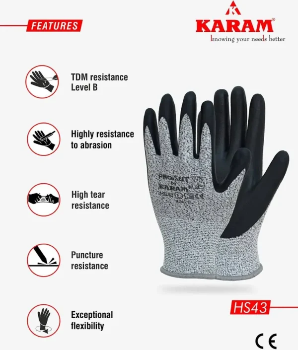 KARAM HPPE Liner with Black Nitrile Micro Foam Coating, HS43 Hand Gloves