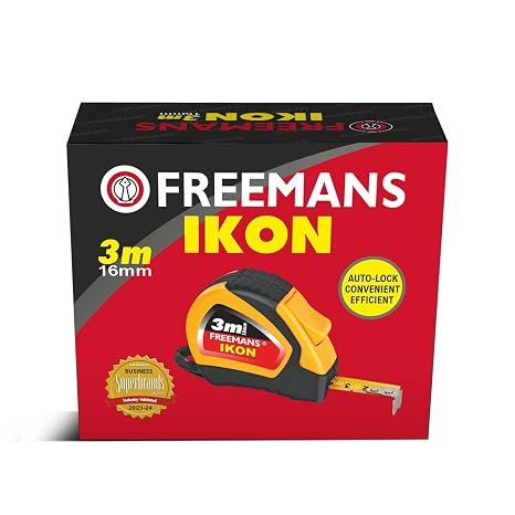 FREEMANS IKON 3m:16mm Steel Inchi Measuring Tape - 3m (Yellow & Black) With Unbreakable ABS case | Soft Grip Bi-material Case | Auto-lock and Belt Clip |