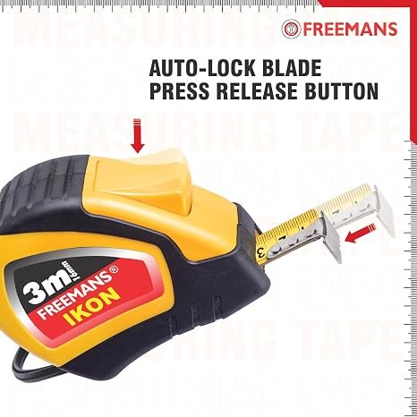 FREEMANS IKON 3m:16mm Steel Inchi Measuring Tape - 3m (Yellow & Black) With Unbreakable ABS case | Soft Grip Bi-material Case | Auto-lock and Belt Clip |