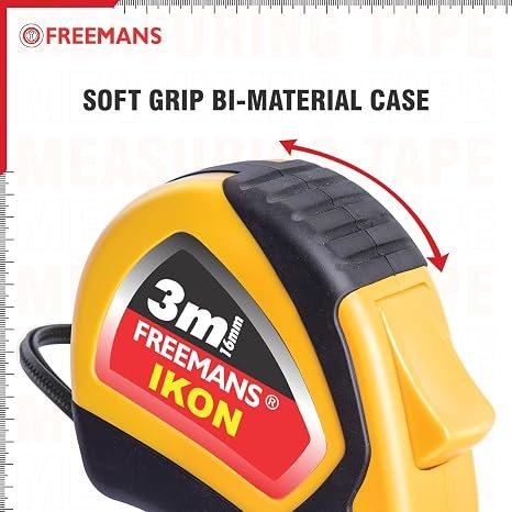 FREEMANS IKON 3m:16mm Steel Inchi Measuring Tape - 3m (Yellow & Black) With Unbreakable ABS case | Soft Grip Bi-material Case | Auto-lock and Belt Clip |