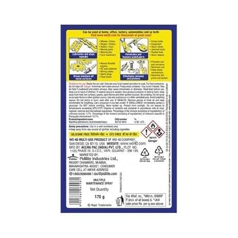 WD-40 Multipurpose Spray, Lubricant, Rust Remover, Cleans Bike Chains, Squeak Noise, Stain Remover, Cleaning Agent, 170g |