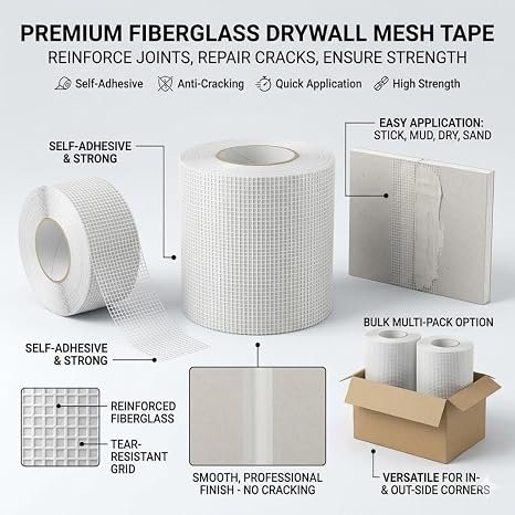 Self-Adhesive Fiberglass Drywall Mesh Tape, White, for Wall Joints, Crack Repair and Reinforcement, Tear-Resistant - 30M x 6 Inch