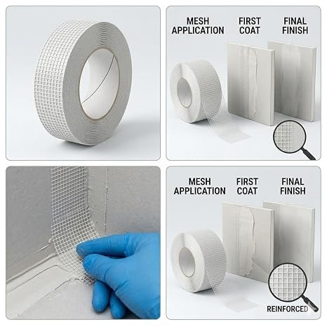 142 Self-Adhesive Fiberglass Drywall Mesh Tape, White, for Wall Joints, Crack Repair and Reinforcement, Tear-Resistant - 30M x 6 Inch