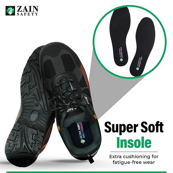 ZAIN Low Ankle Safety Shoes | BIS Approved, Breathable Upper | Excellent Grip, Comfortable, Anti-Skid, Sporty Design, Composite Toe | Orange & Black | Vent |