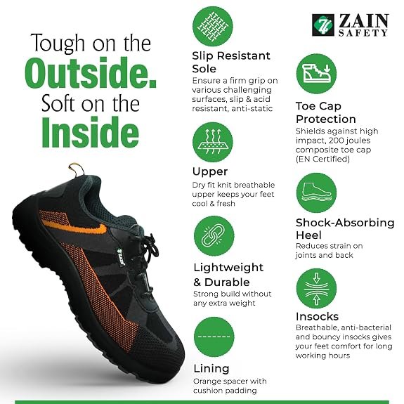 ZAIN Low Ankle Safety Shoes | BIS Approved, Breathable Upper | Excellent Grip, Comfortable, Anti-Skid, Sporty Design, Composite Toe | Orange & Black | Vent |