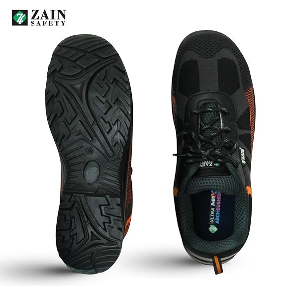 ZAIN Low Ankle Safety Shoes | BIS Approved, Breathable Upper | Excellent Grip, Comfortable, Anti-Skid, Sporty Design, Composite Toe | Orange & Black | Vent |