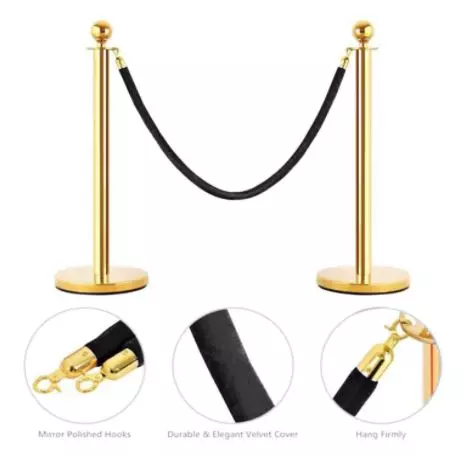 3 Ladwa Golden Finish Queue Manager with Black Velvet 1.5m Rope, Barricade & Stanchions Set
