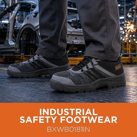 30 BLACK+DECKER Flyknit Grey & Black Sporty Design Safety Shoes for Men Lightweight | Antistatic & Antislip