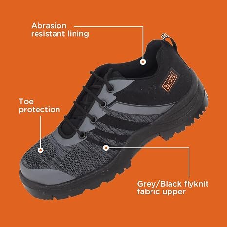 31 BLACK+DECKER Flyknit Grey & Black Sporty Design Safety Shoes for Men Lightweight | Antistatic & Antislip