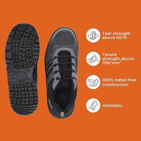 32 BLACK+DECKER Flyknit Grey & Black Sporty Design Safety Shoes for Men Lightweight | Antistatic & Antislip
