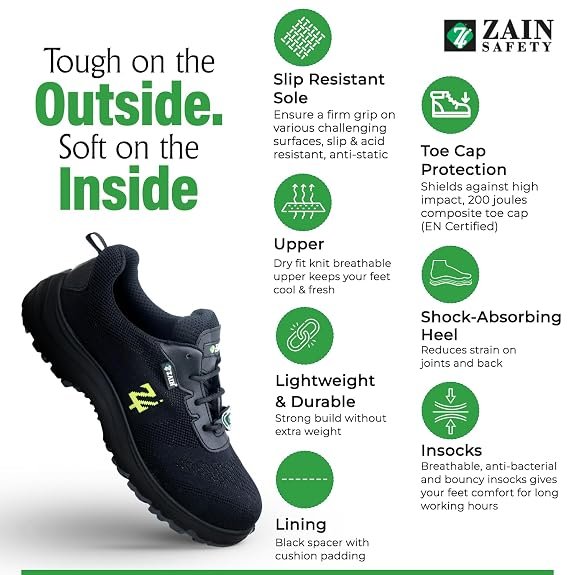 ZAIN Low Ankle Safety Shoes | BIS Approved, Breathable Upper | Lightweight, Sporty Design, Composite Toe | Black | Phantom |