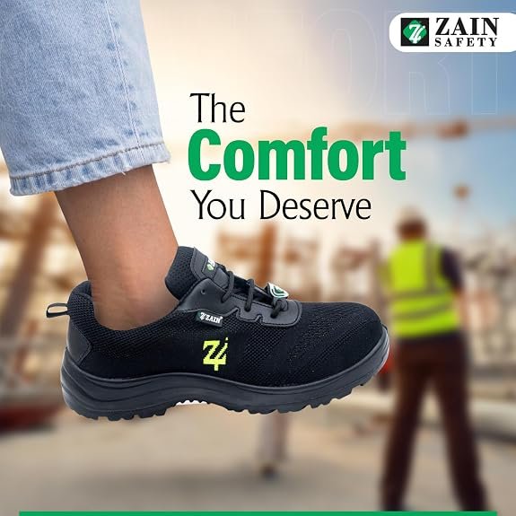 ZAIN Low Ankle Safety Shoes | BIS Approved, Breathable Upper | Lightweight, Sporty Design, Composite Toe | Black | Phantom |