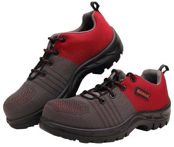 Karam Flytex FS213 Safety Shoes for Men | Sporty Design, Lightweight with Single Density | Antistatic, Antislip, Oil & Heat Resistant with Fiber Toe | Grey & Red
