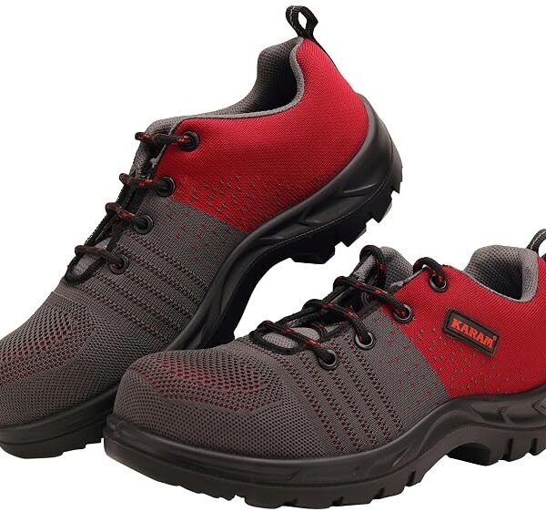 Karam Flytex FS213 Safety Shoes for Men | Sporty Design, Lightweight with Single Density | Antistatic, Antislip, Oil & Heat Resistant with Fiber Toe | Grey & Red