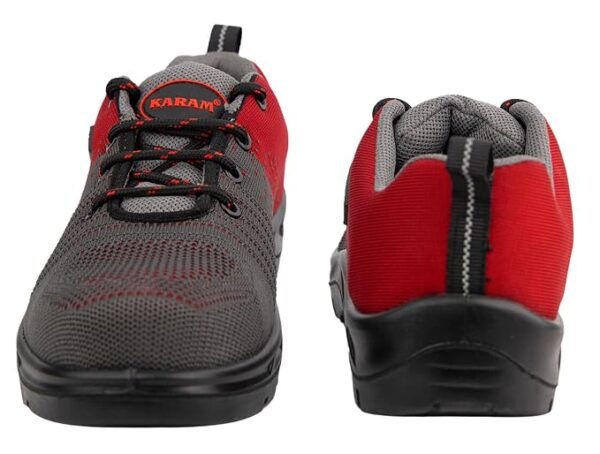 Karam Flytex FS213 Safety Shoes for Men | Sporty Design, Lightweight with Single Density | Antistatic, Antislip, Oil & Heat Resistant with Fiber Toe | Grey & Red