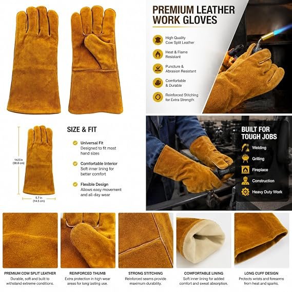 Welding Gloves Heat & Fire Resistant Leather Cut Proof High Temperature Hot Metal Thermal Work Safety Protective Heavy Duty Safety Leather Hand Gloves |