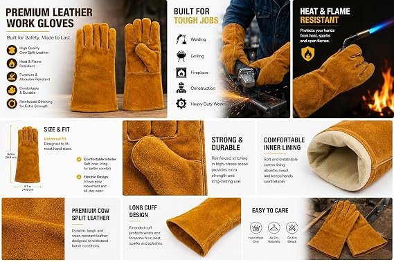 Welding Gloves Heat & Fire Resistant Leather Cut Proof High Temperature Hot Metal Thermal Work Safety Protective Heavy Duty Safety Leather Hand Gloves |