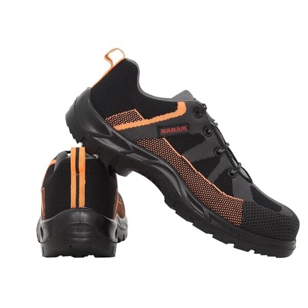 KARAM Flytex FS210 Safety Shoes for Men | Sporty Design, Lightweight with Single Density | Antistatic, Antislip, Oil & Heat Resistant with Fiber Toe | Grey & Orange |