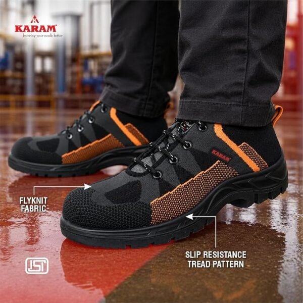 KARAM Flytex FS210 Safety Shoes for Men | Sporty Design, Lightweight with Single Density | Antistatic, Antislip, Oil & Heat Resistant with Fiber Toe | Grey & Orange |