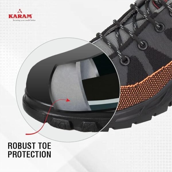 KARAM Flytex FS210 Safety Shoes for Men | Sporty Design, Lightweight with Single Density | Antistatic, Antislip, Oil & Heat Resistant with Fiber Toe | Grey & Orange |
