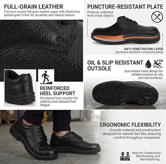 Labor Safety Shoes Black Full-Grain Leather Lace-Up |