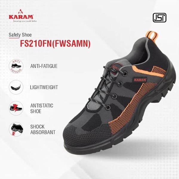 KARAM Flytex FS210 Safety Shoes for Men | Sporty Design, Lightweight with Single Density | Antistatic, Antislip, Oil & Heat Resistant with Fiber Toe | Grey & Orange |