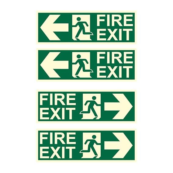 Fire Exit Left and Right Arrow Night Glow Signboard On PVC Sunboard 3 mm Size-300mm X 100mm