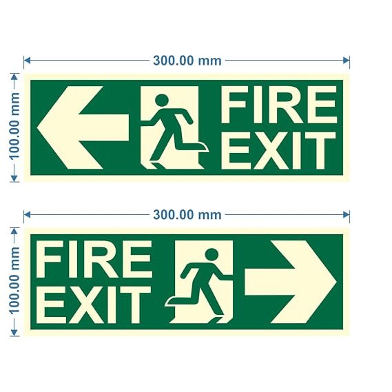 Fire Exit Left and Right Arrow Night Glow Signboard On PVC Sunboard 3 mm Size-300mm X 100mm