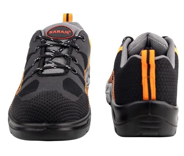 KARAM Flytex FS210 Safety Shoes for Men | Sporty Design, Lightweight with Single Density | Antistatic, Antislip, Oil & Heat Resistant with Fiber Toe | Grey & Orange |